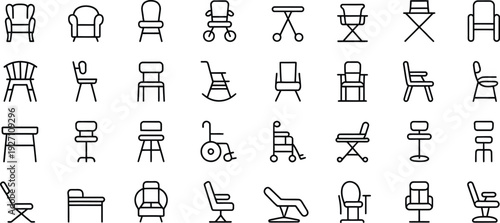 Chair and Seating Icons Collection in Line Art Style vector illustration