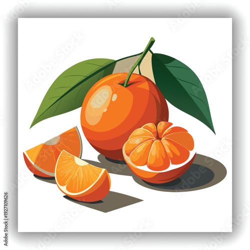 A high-angle shot presents a still life composition of tangerines against a transparent backdrop. The primary subject features two whole tangerines and several detached segments. One tangerine is peel