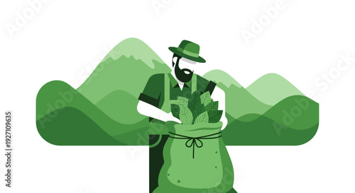 Illustration of a gardener in a green landscape.