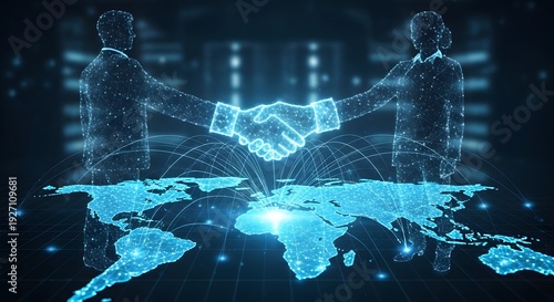 Digital representation of a global business handshake over a glowing world map, symbolizing international partnership, technological collaboration, and interconnected future growth