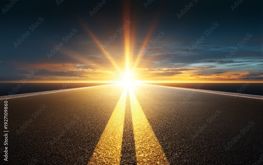 Fototapeta premium Luminous Road Leading to Surreal Horizon at Sunrise with Radiant Sky