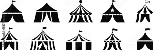 Circus tent silhouette set with striped big top and flags, carnival festival icons, fairground entertainment vector, marquee amusement park, black vector, isolated on white background.