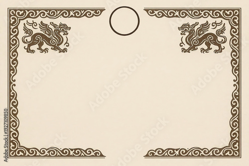 Certificate dan grade diplom karate. Old vintage diplom paper with frame texture background art design.