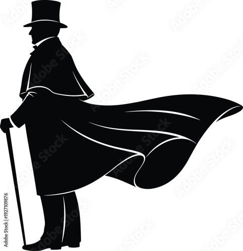 Gentleman silhouette wearing top hat and long cape with walking cane, vintage Victorian man character, mysterious retro fashion, cloak blowing in wind, black vector, isolated on white background.