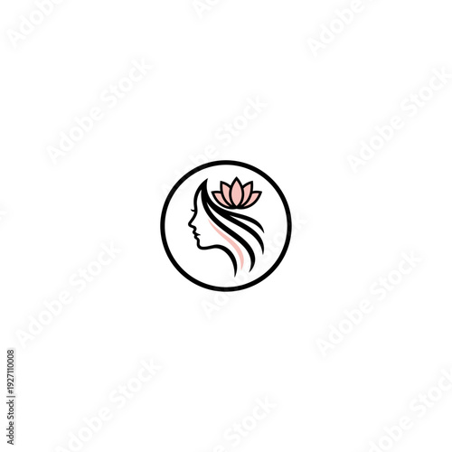 Woman's profile with lotus flower vector logo. Minimalist beauty salon or spa emblem in black and pink.