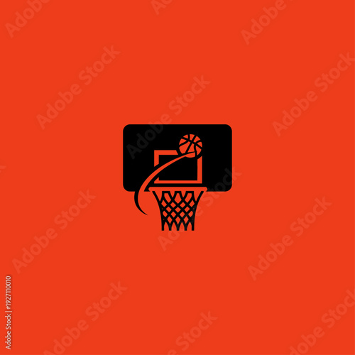 Basketball hoop and ball icon in black on a red background