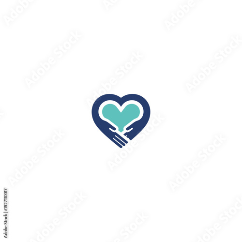 Heart and hands care vector icon. Created in a flat style with a blue and teal color palette.