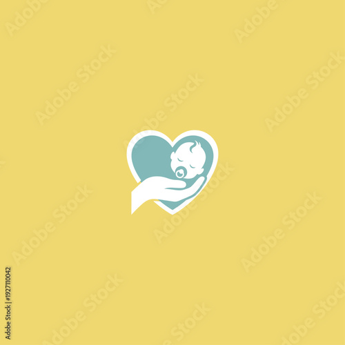 Baby in hand and heart vector icon. Newborn care and protection symbol in blue and white on yellow background.
