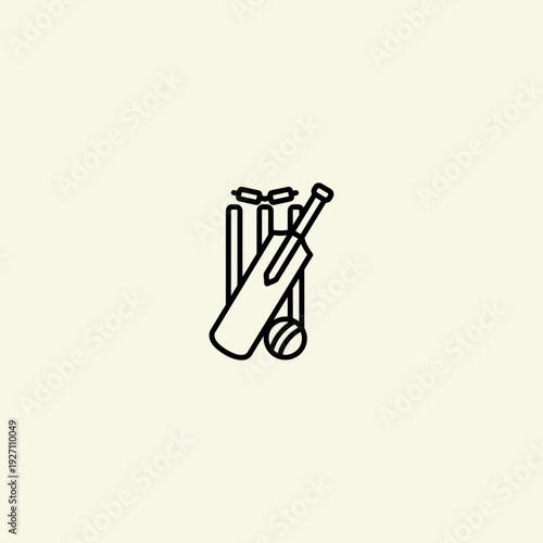 Cricket sport equipment outline icon. Includes bat, ball, and wickets. Created in thin line style with black and white palette.
