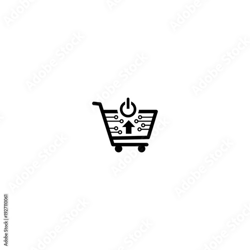 Black line art shopping cart with circuit board pattern, power button, and upward arrow icon