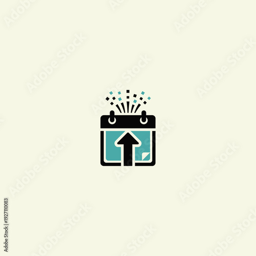Calendar with upward arrow and confetti icon in black and teal