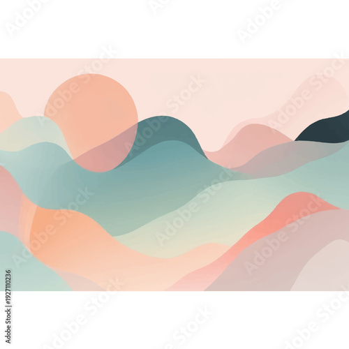 Abstract colorful nature landscape illustration with blue mountain waves under a sunset sky of orange clouds and a bright sun over the sea water design