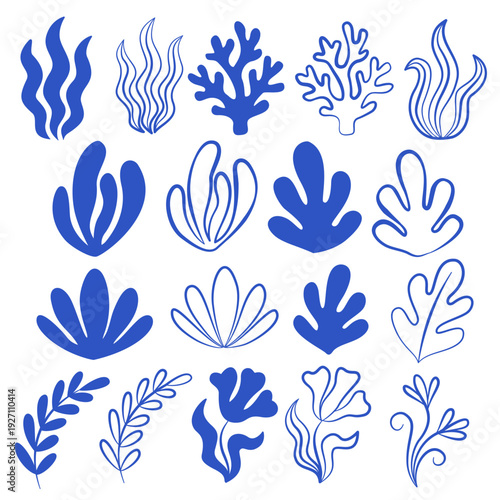 Seaweed trendy hand drawn sketch illustrations. Set of ocean flora and corals. Sea life doodle. Ocean life in blue color