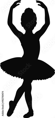 Little girl ballerina silhouette, young child dancer wearing tutu in ballet pose, graceful black vector icon isolated on white background.