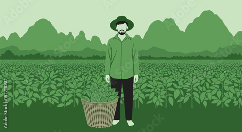 Farmer standing in a lush green field with a basket.