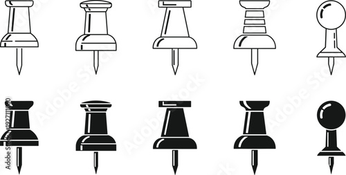 Push pin icon set with office thumbtacks and map pins, stationary supplies for bulletin boards, black vector and outline symbols.