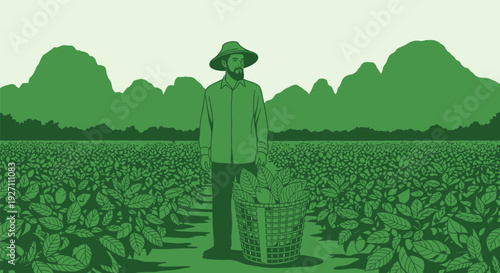 Farmer standing in a vast green field with a basket.