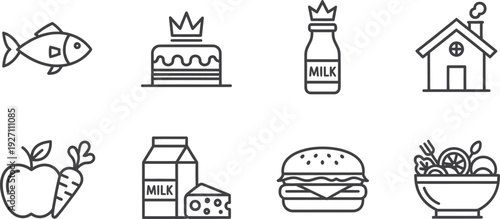 Eight simple line icons of food and drink isolated on transparent background