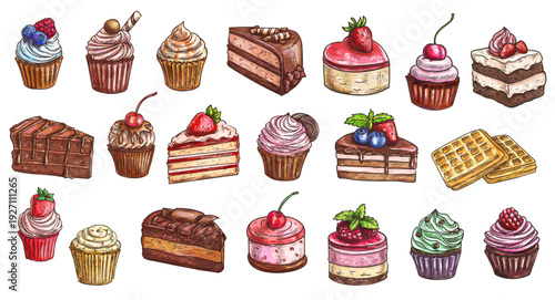 Assorted hand drawn sketches of cupcakes muffins and cake slices with berries