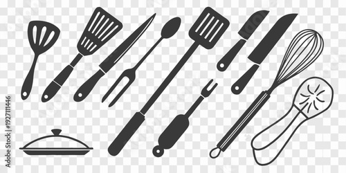 A collection of various black silhouettes of kitchen utensils, arranged in rows and columns against a transparent, checkered background. The utensils include forks, knives, spatulas, spoons, a whisk, 