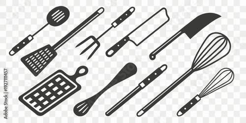 A collection of various black silhouettes of kitchen utensils, arranged in rows and columns against a transparent, checkered background. The utensils include forks, knives, spatulas, spoons, a whisk, 