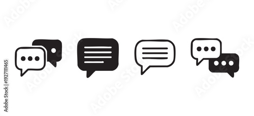 Collection of speech bubbles and chat icons in black and white doodle style