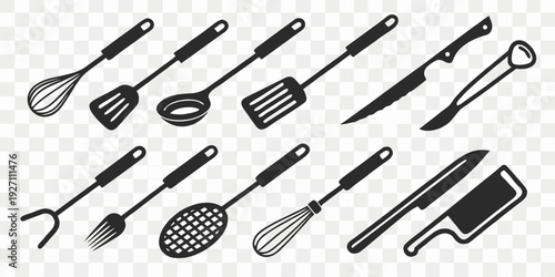 A collection of various black silhouettes of kitchen utensils, arranged in rows and columns against a transparent, checkered background. The utensils include forks, knives, spatulas, spoons, a whisk, 