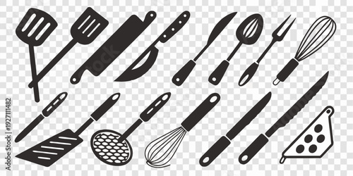 A collection of various black silhouettes of kitchen utensils, arranged in rows and columns against a transparent, checkered background. The utensils include forks, knives, spatulas, spoons, a whisk, 