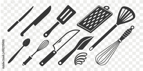 A collection of various black silhouettes of kitchen utensils, arranged in rows and columns against a transparent, checkered background. The utensils include forks, knives, spatulas, spoons, a whisk, 