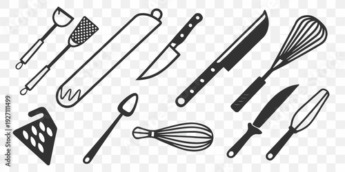 A collection of various black silhouettes of kitchen utensils, arranged in rows and columns against a transparent, checkered background. The utensils include forks, knives, spatulas, spoons, a whisk, 