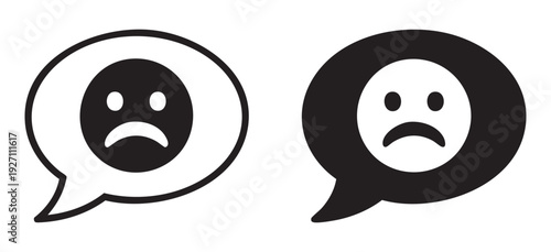 Sad face icon in speech bubbles, black and white minimalist style