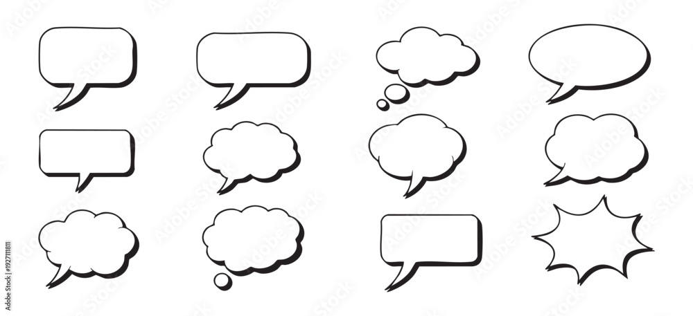 Obraz premium Collection of blank speech and thought bubbles in various shapes doodle style