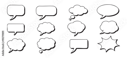 Collection of blank speech and thought bubbles in various shapes doodle style