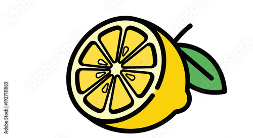 A single ripe yellow lemon cut in half showing its citrus slices and green leaves in a minimalist illustration