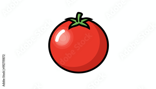 Bright red ripe tomato with a fresh green leafy stem, a healthy and juicy garden vegetable graphic illustration