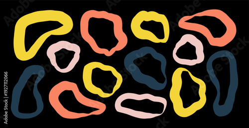 Organic blob outlines on black background in modern flat vector style. Abstract pastel Collection of colorful irregular fluid frames with bold contrast design. Perfect for branding, posters, social