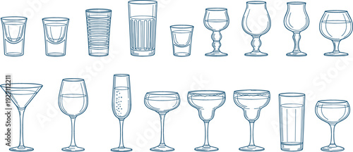 Drinking Glassware Line Art Illustration Set Including Wine Cocktail Champagne Whiskey and Water Glasses, Bar and Restaurant Drinkware Outline Vector Collection