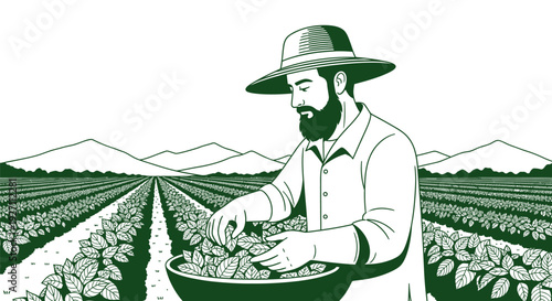 Farmer harvesting crops in a lush green field with mountains in the background.