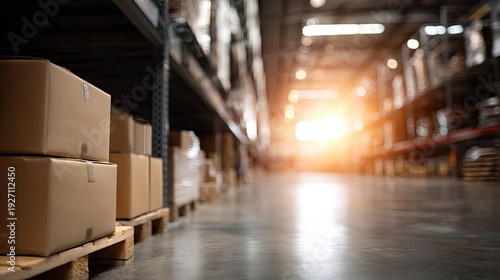Shelves filled with boxes in a warehouse setting during sunset hours providing a view of organized storage in a busy facility
