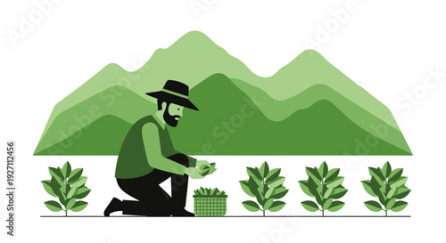 Farmer tending to plants in a green mountainous landscape.