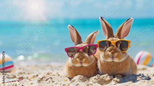 Wallpaper Mural two cute Easter bunniesin sunglasses on vacation by beach coast. Torontodigital.ca