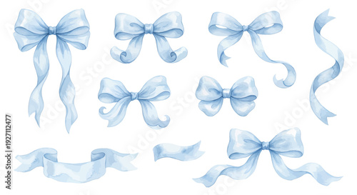 A charming watercolor collection of soft blue ribbons and bows, featuring flowing satin loops, curled tails, delicate knots, and airy fabric textures.