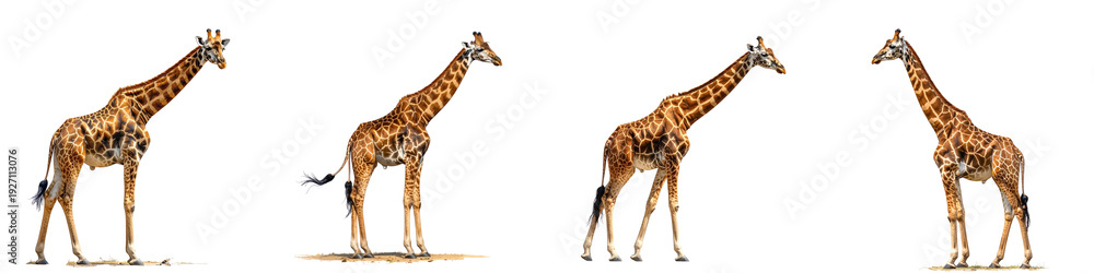 Fototapeta premium Four giraffes standing in different poses isolated on transparent background