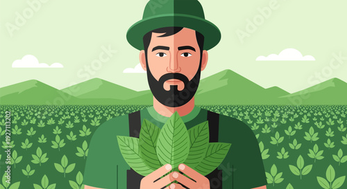 Illustration of a bearded man in green holding leaves in a field.