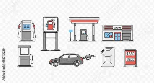 Gas station elements and car illustration on a transparent background.