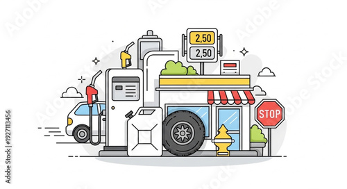 Gas station illustration with fuel pumps, shop, and vehicle, a service station concept.