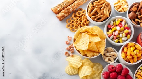 Healthy Snack Selection on a Table with Colorful Treats and Crunchy Options