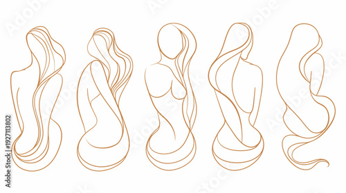 Linear drawings of female figures, rendered in brown against white background, showcasing poses