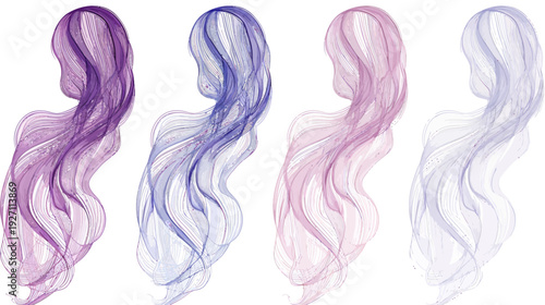 Artistic depiction of four stylized forms, possibly representing figures or flowing hair