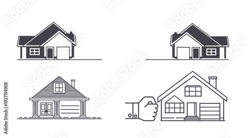 Four monochrome home illustrations showcasing various architectural designs